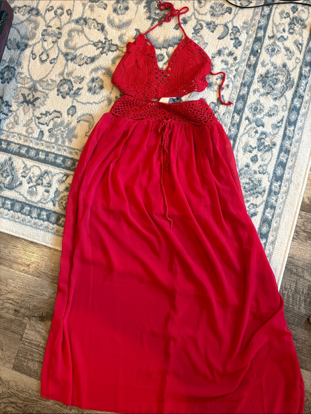 SHEIN Red Crochet Halter Maxi Dress